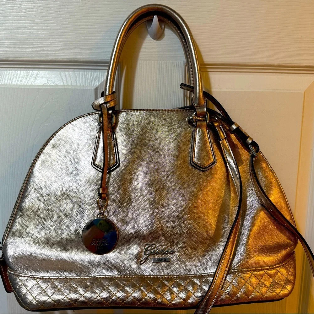 Guess Rose Metallic Satchel Quilted Bottom Keychain NWOT! 17x11